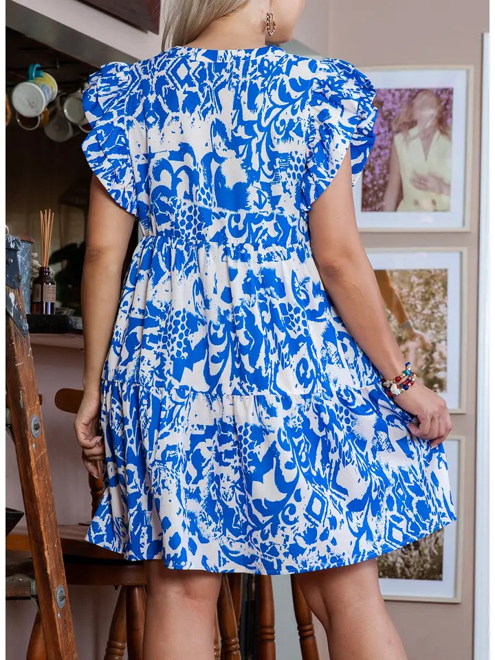 Plus Size V Neck Ruffle Sleeve Mini Dress