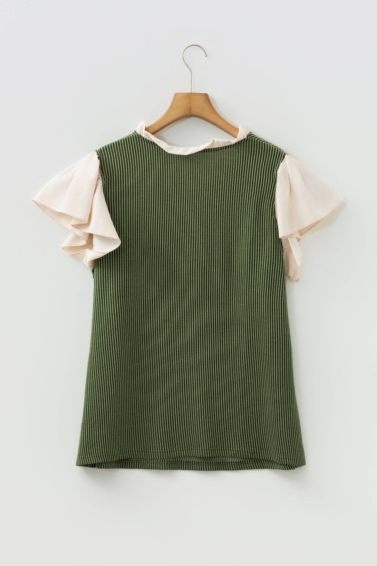 Vineyard Green Plus Size Contrast Frilled Neckline Ruffled Short Sleeve Ribbed Textured Blouse - FINAL SALE