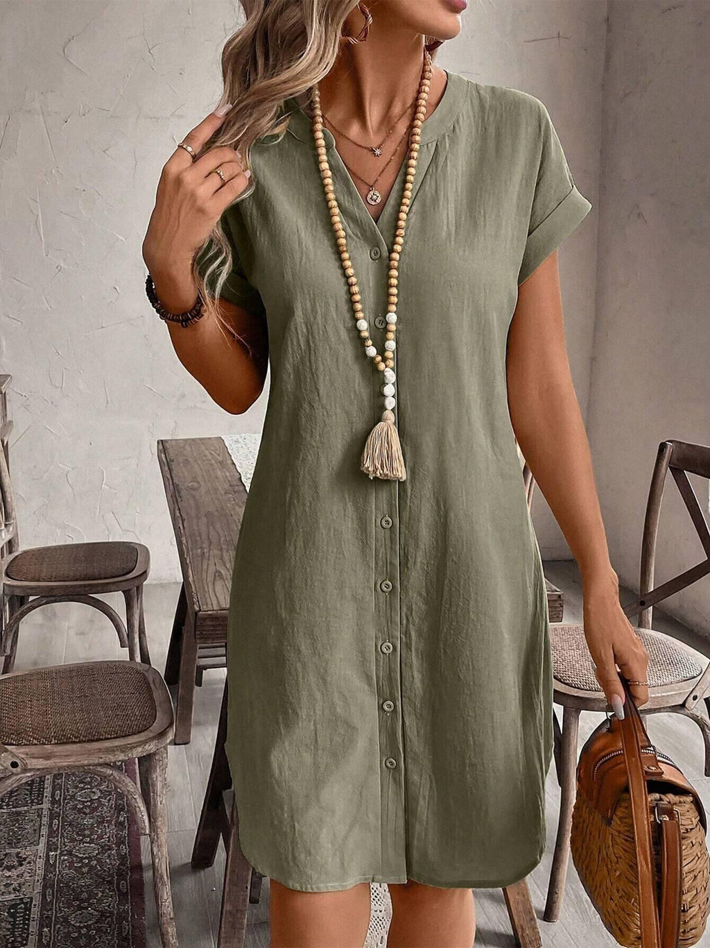 V-neck Button Loose Dress - FINAL SALE