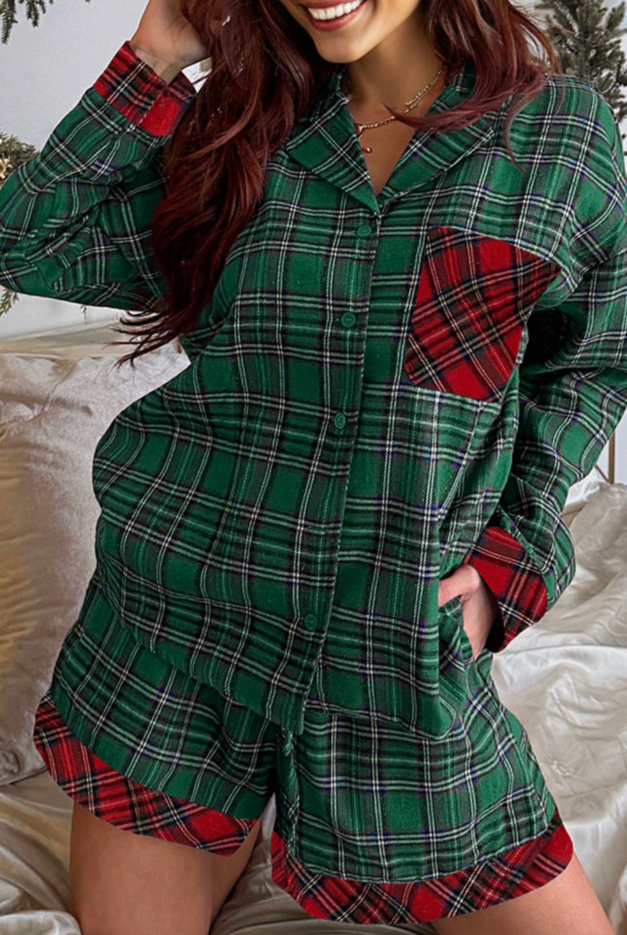 Green Plaid Patched Christmas Holiday  Pajama Set