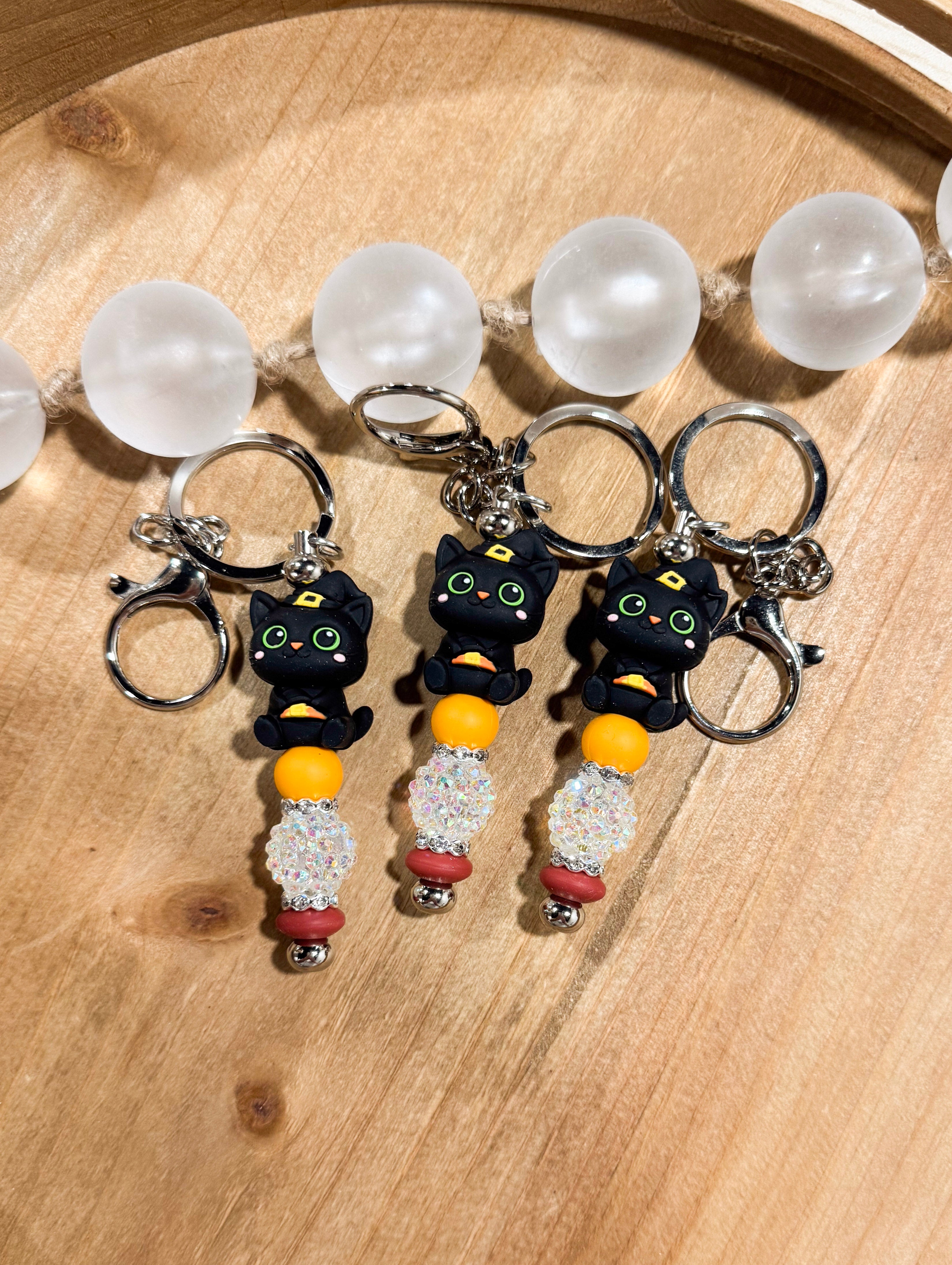 Witchy Kitty Silver Bar Keychain