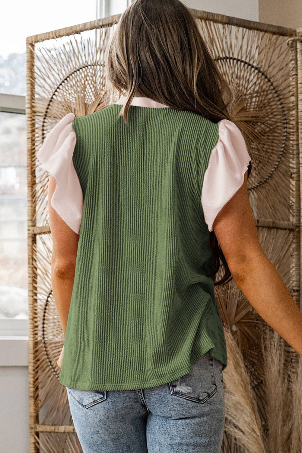 Vineyard Green Plus Size Contrast Frilled Neckline Ruffled Short Sleeve Ribbed Textured Blouse - FINAL SALE