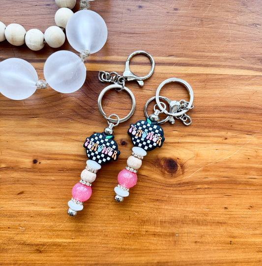 Checkered Apple Teacher Bar Keychain