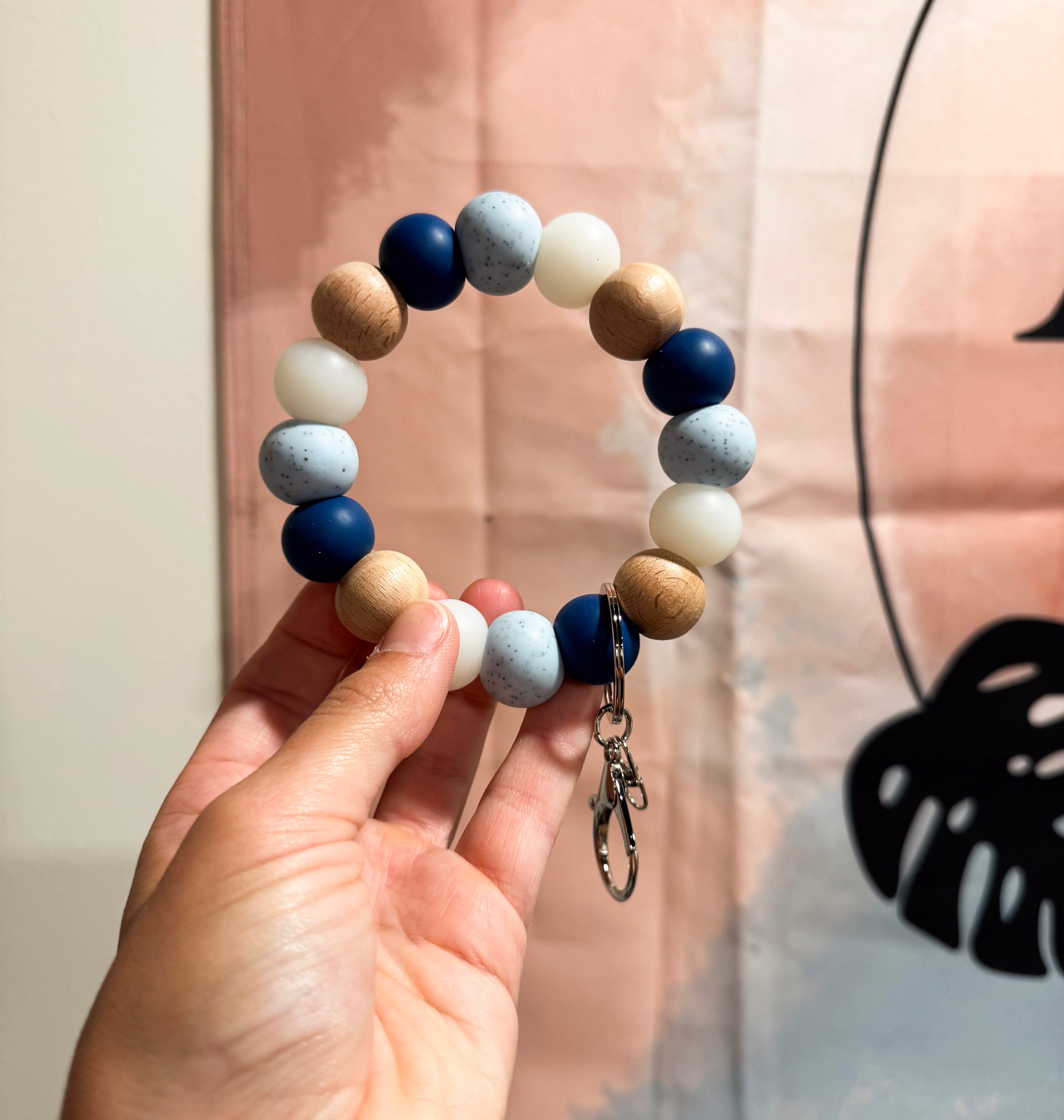 Blue Speckled and Wood Wristlet Keychain