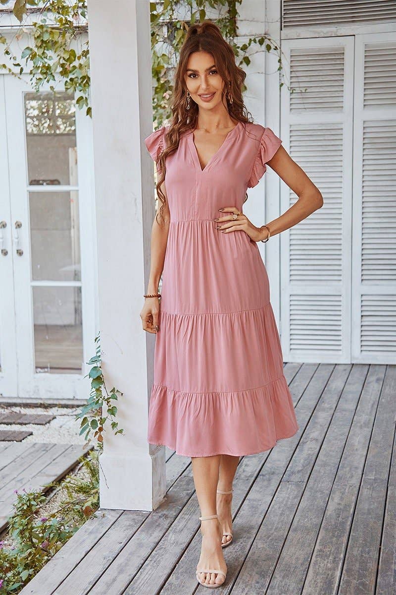 V Neck Flutter Sleeve Ruffle Hem Layered Dress