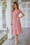 V Neck Flutter Sleeve Ruffle Hem Layered Dress
