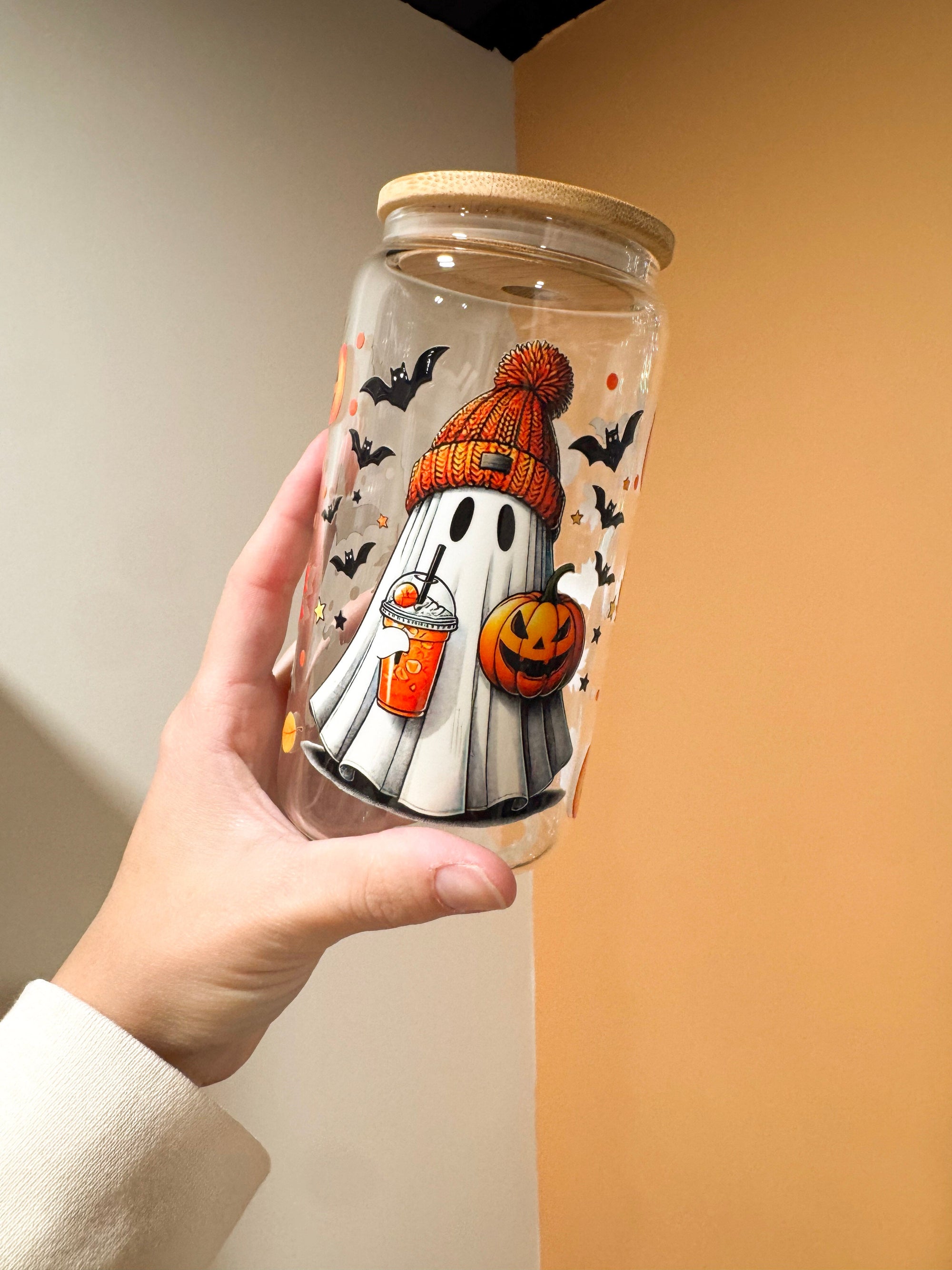 Orange Beanie Ghost Glass Can