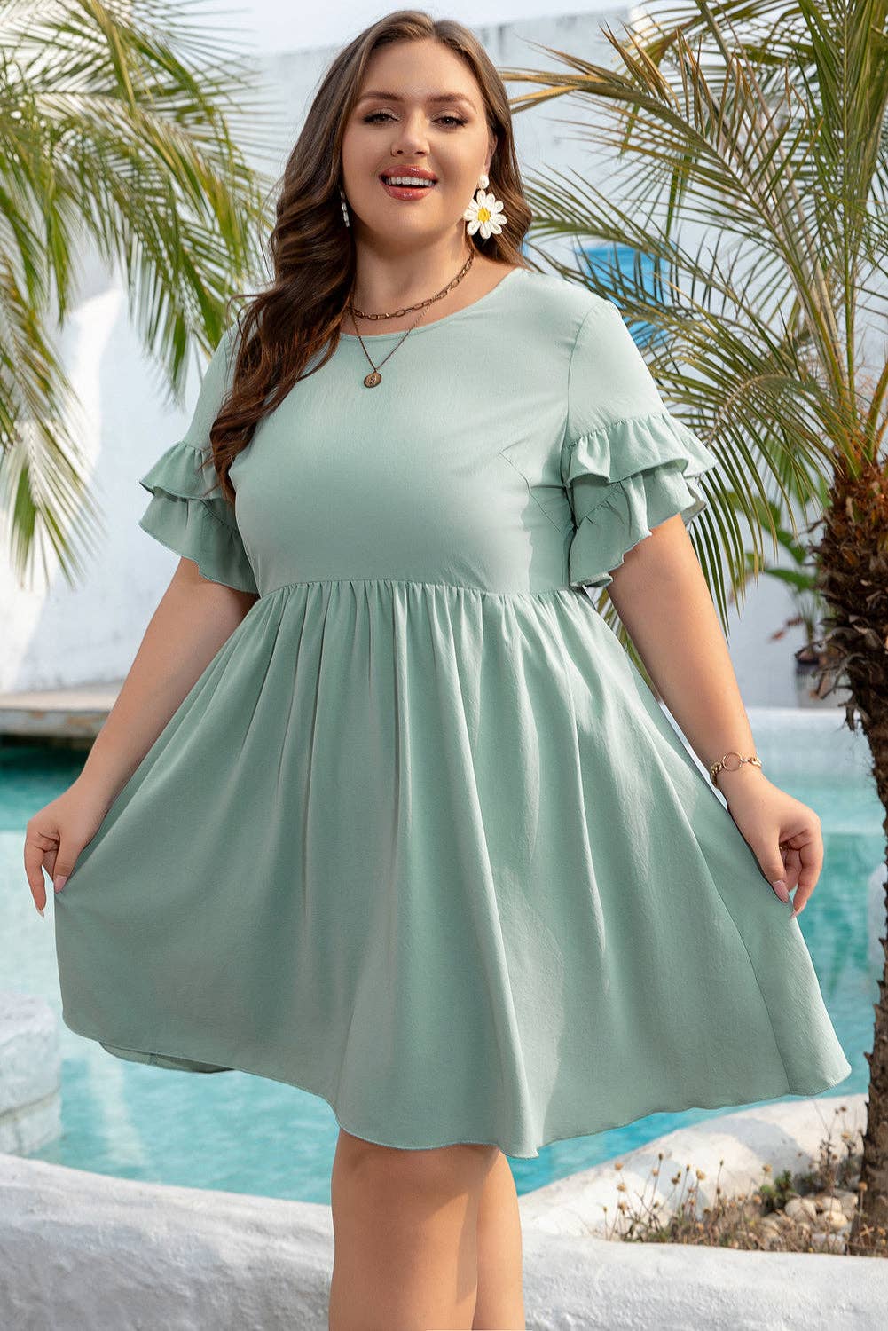 Grass Green Ruffle Trim Short Sleeve Plus Size Flared Mini Dress - FINAL SALE