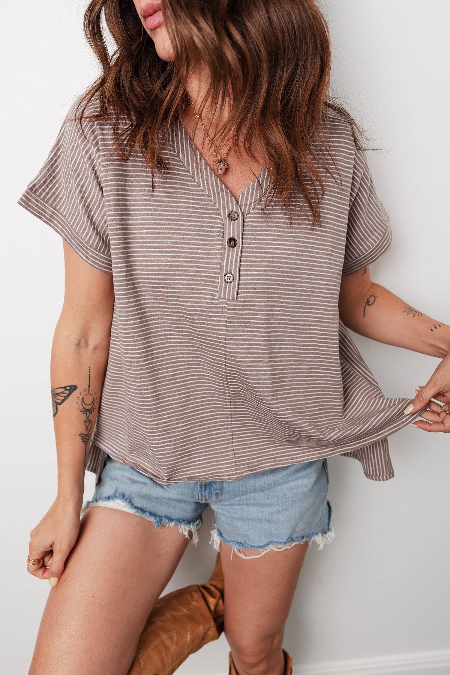 Khaki Stripe Buttoned V Neck High Low Side Slit T Shirt - FINAL SALE