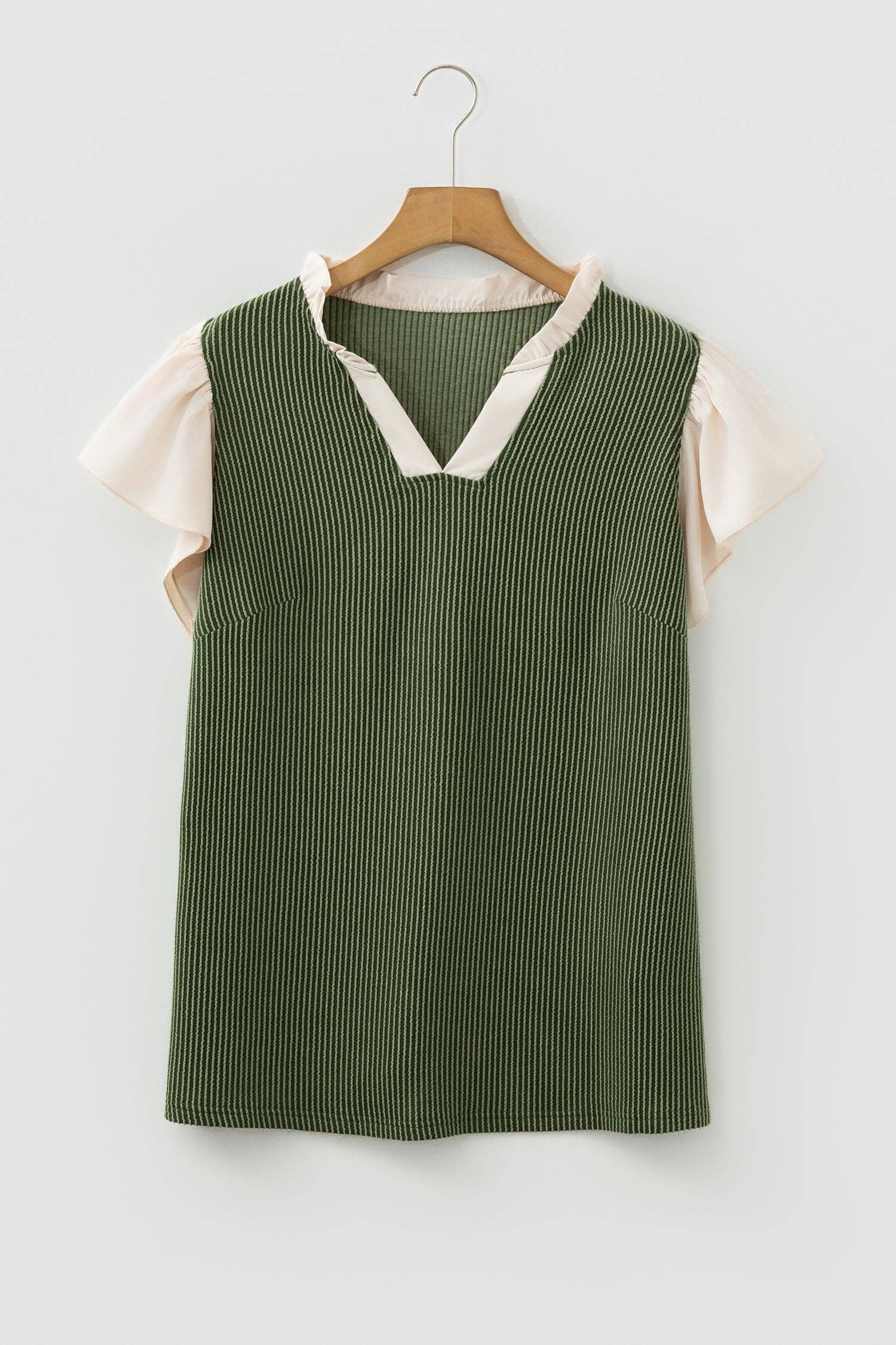 Vineyard Green Plus Size Contrast Frilled Neckline Ruffled Short Sleeve Ribbed Textured Blouse - FINAL SALE