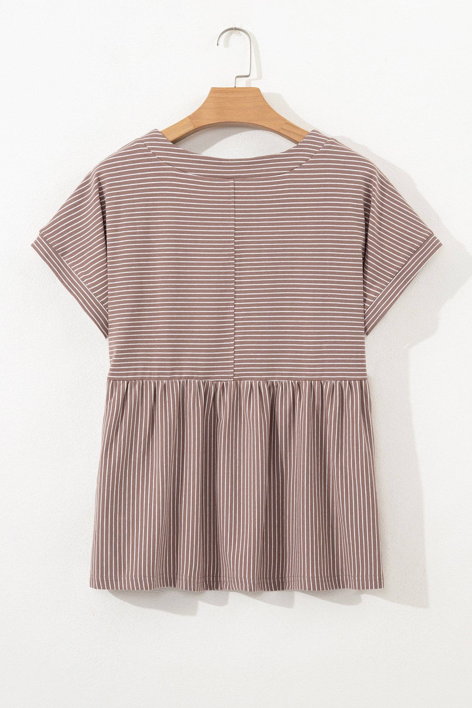 Khaki Stripe Buttoned V Neck High Low Side Slit T Shirt - FINAL SALE