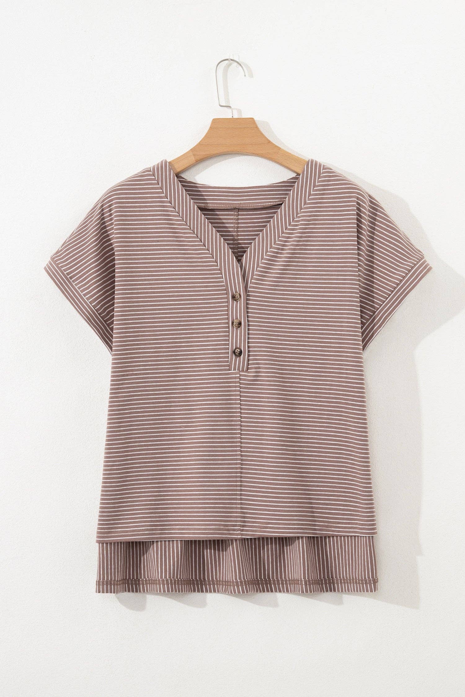 Khaki Stripe Buttoned V Neck High Low Side Slit T Shirt - FINAL SALE