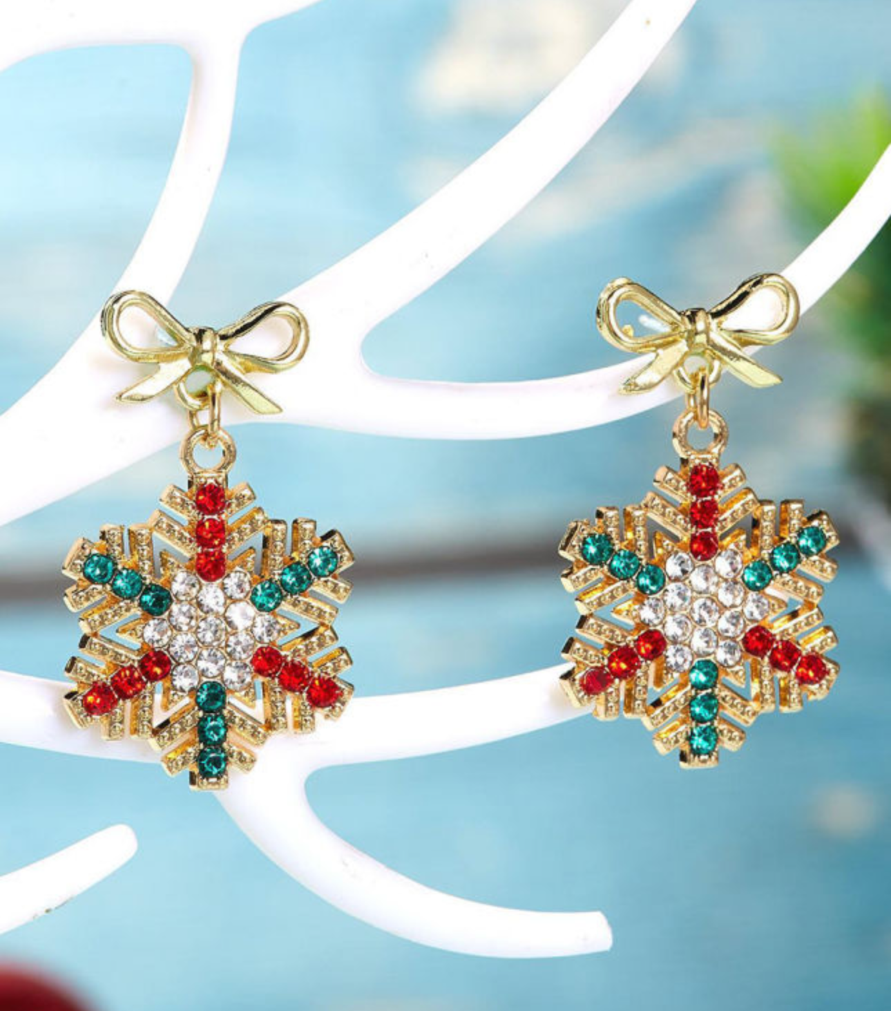 Gold Plated Bow Stud Rhinestone Embellished Snowflake Earrings - FINAL SALE