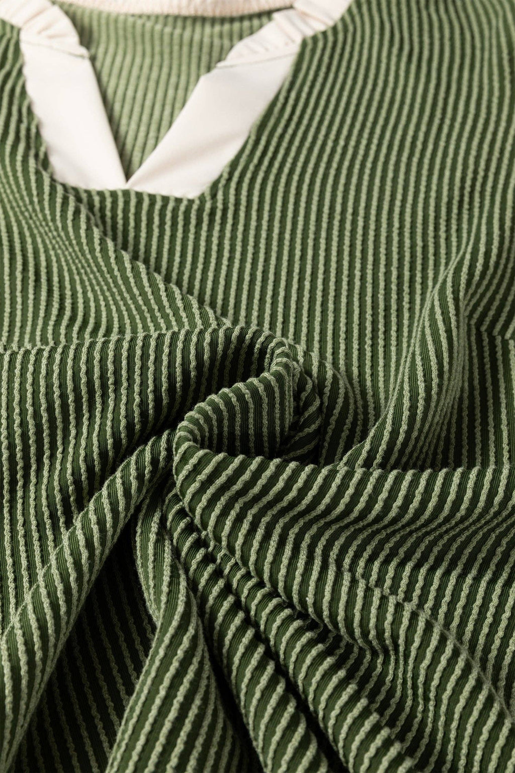Vineyard Green Plus Size Contrast Frilled Neckline Ruffled Short Sleeve Ribbed Textured Blouse - FINAL SALE