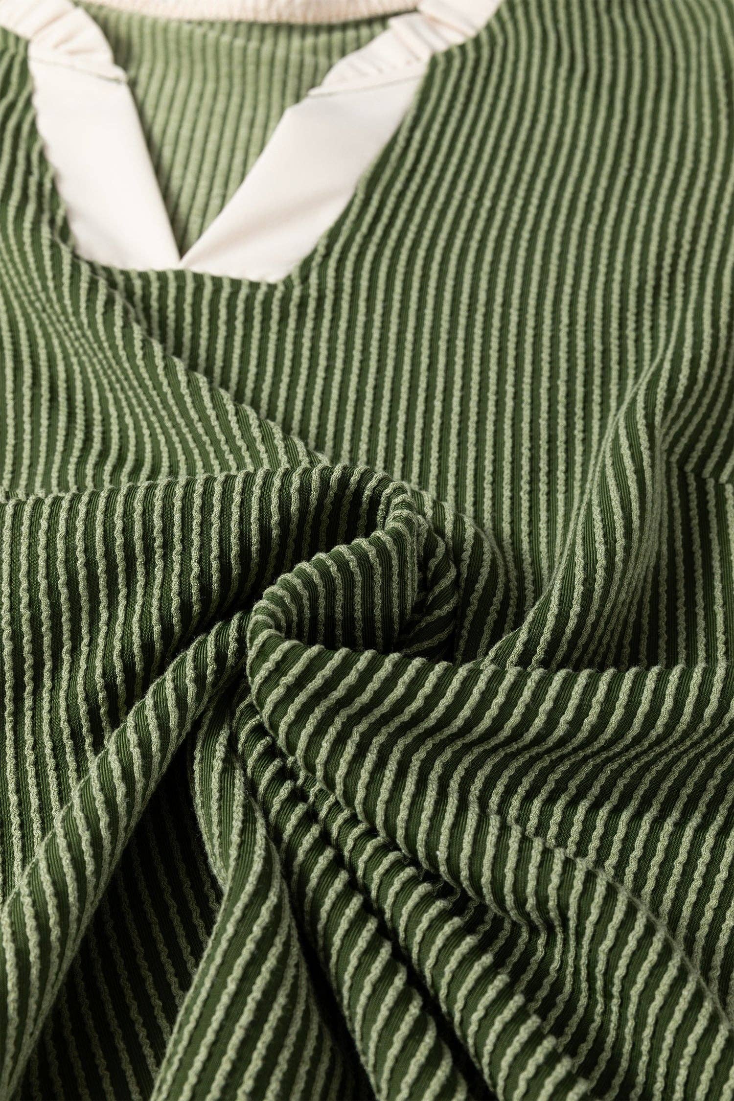 Vineyard Green Plus Size Contrast Frilled Neckline Ruffled Short Sleeve Ribbed Textured Blouse - FINAL SALE