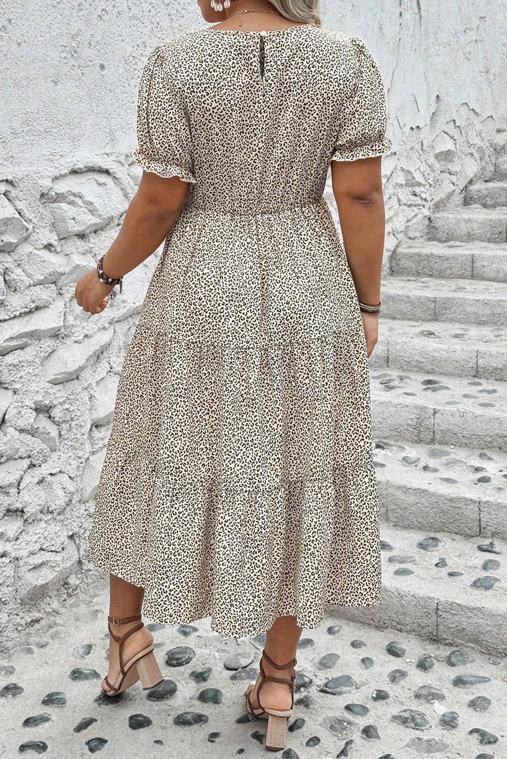 Beige Plus Size Leopard Print Frill Trim Short Sleeve Flared Dress - FINAL SALE