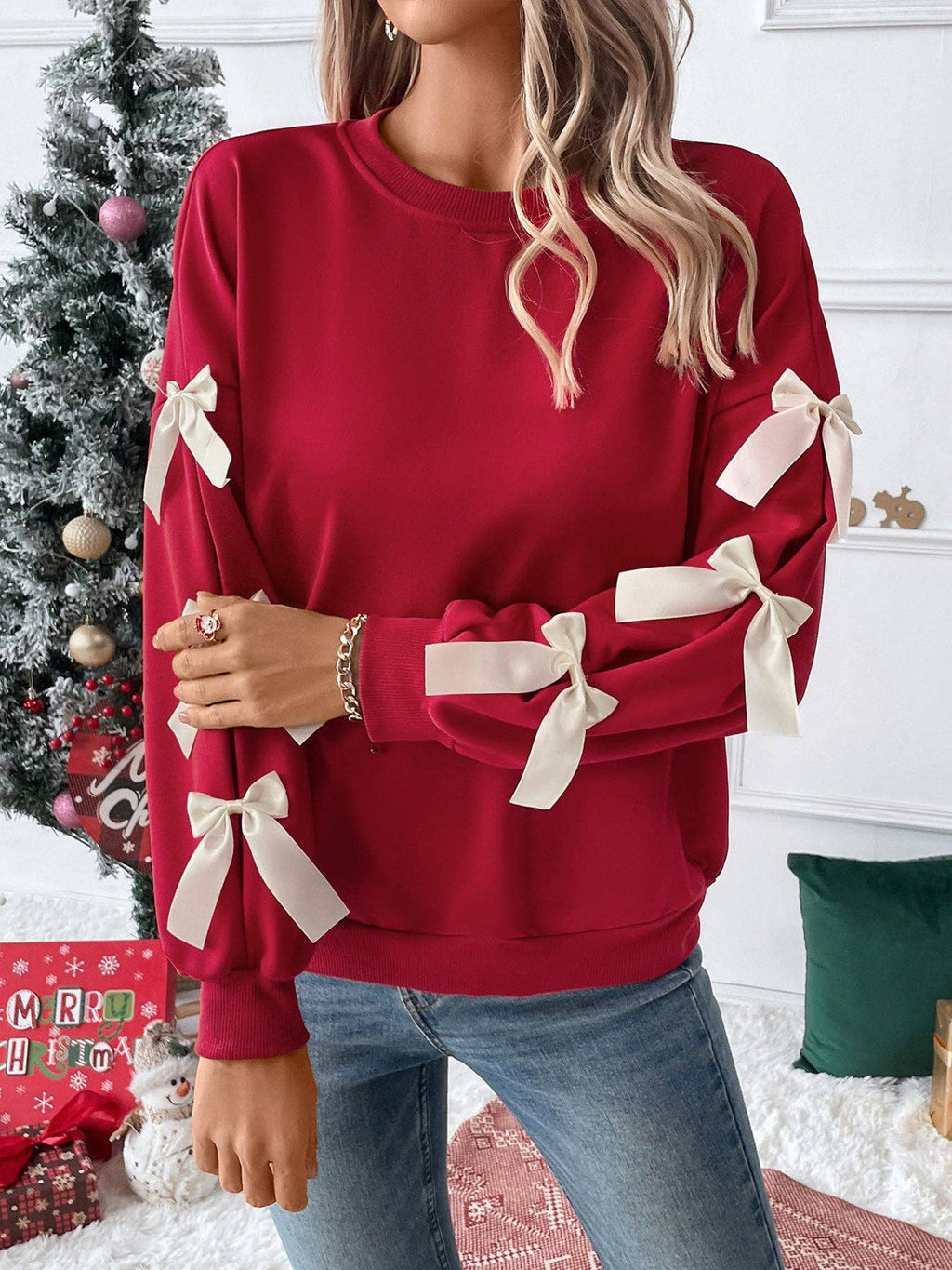 Bow Sleeve Round Neck Long Sleeve Sweatshirt