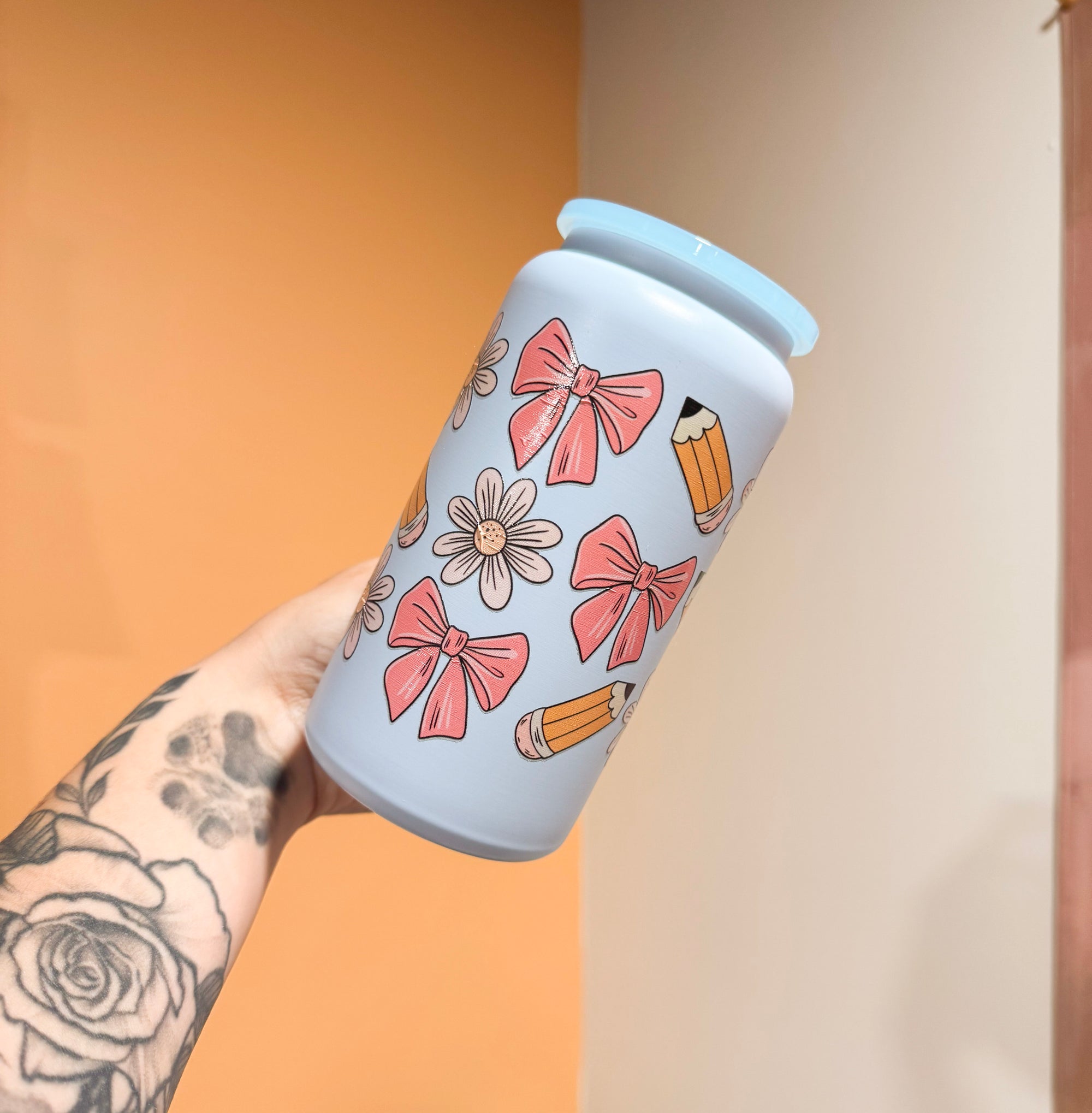 Pencils and Bows Blue Insulated Cup with Handle-IMPERFECT