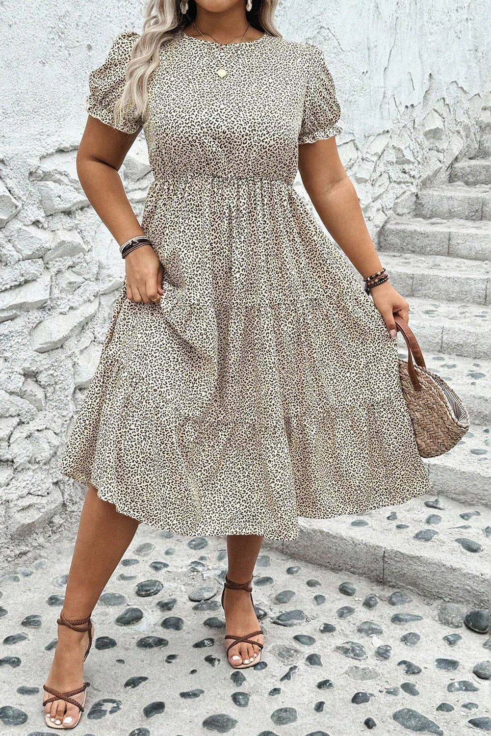 Beige Plus Size Leopard Print Frill Trim Short Sleeve Flared Dress - FINAL SALE