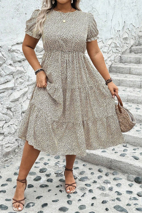 Beige Plus Size Leopard Print Frill Trim Short Sleeve Flared Dress - FINAL SALE