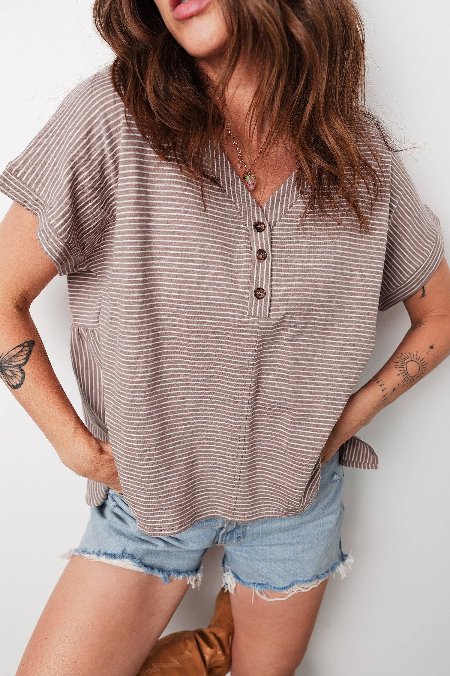 Khaki Stripe Buttoned V Neck High Low Side Slit T Shirt - FINAL SALE