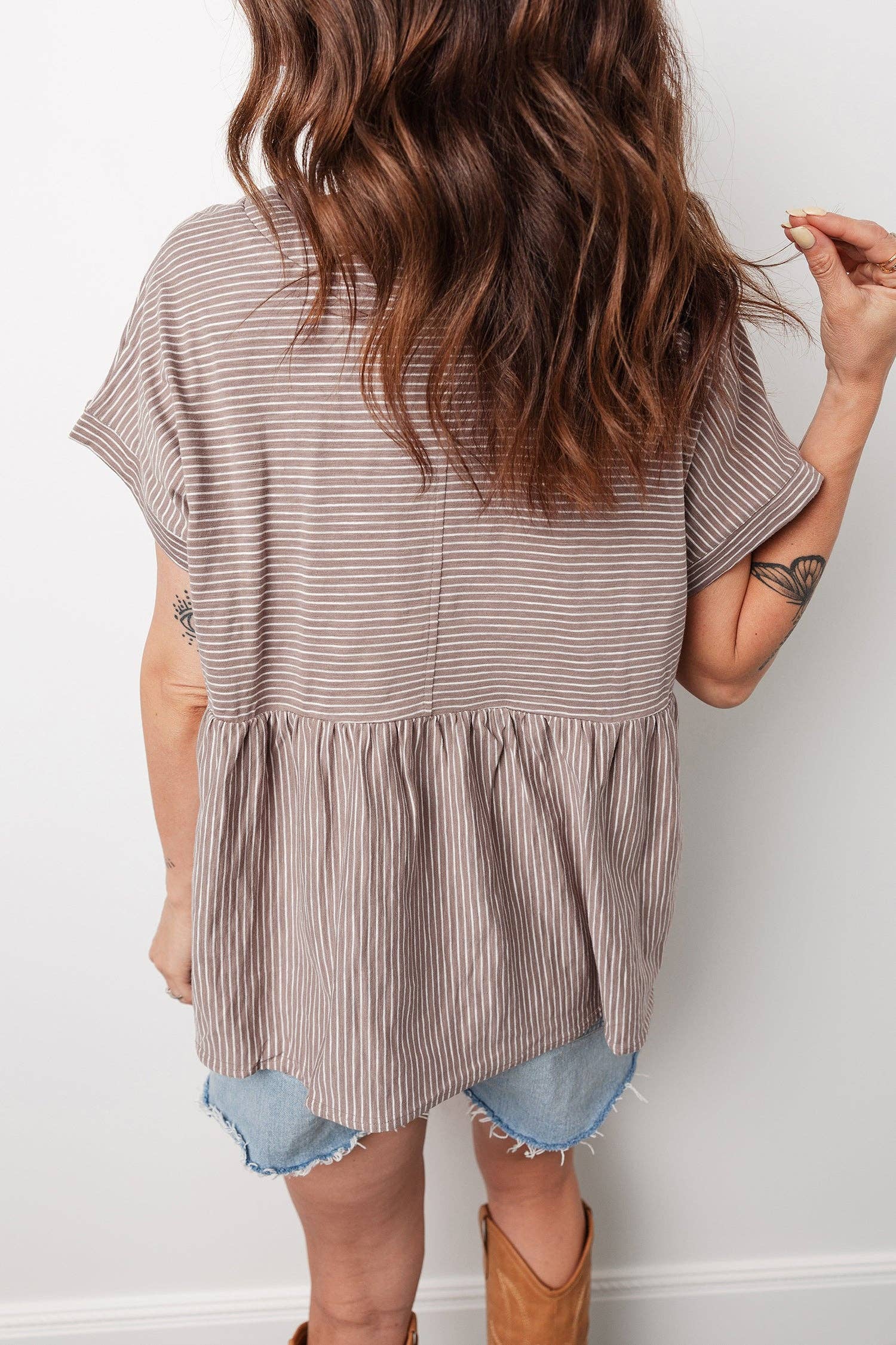 Khaki Stripe Buttoned V Neck High Low Side Slit T Shirt - FINAL SALE