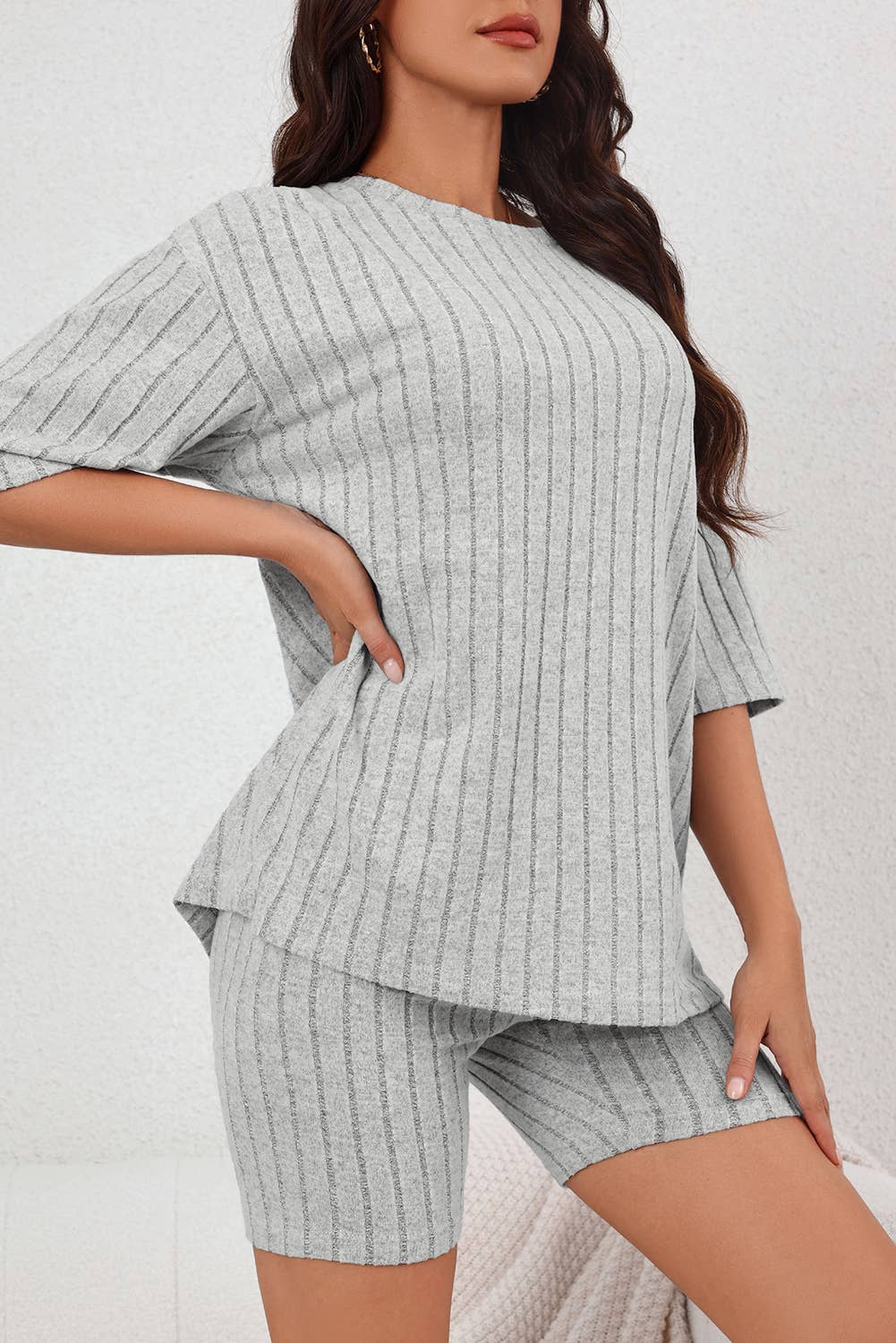 Gray Plain Ribbed Loose Fit Two Piece Lounge Set