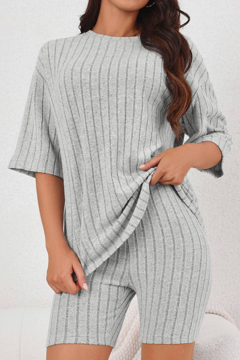 Gray Plain Ribbed Loose Fit Two Piece Lounge Set