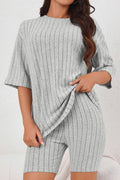 Gray Plain Ribbed Loose Fit Two Piece Lounge Set