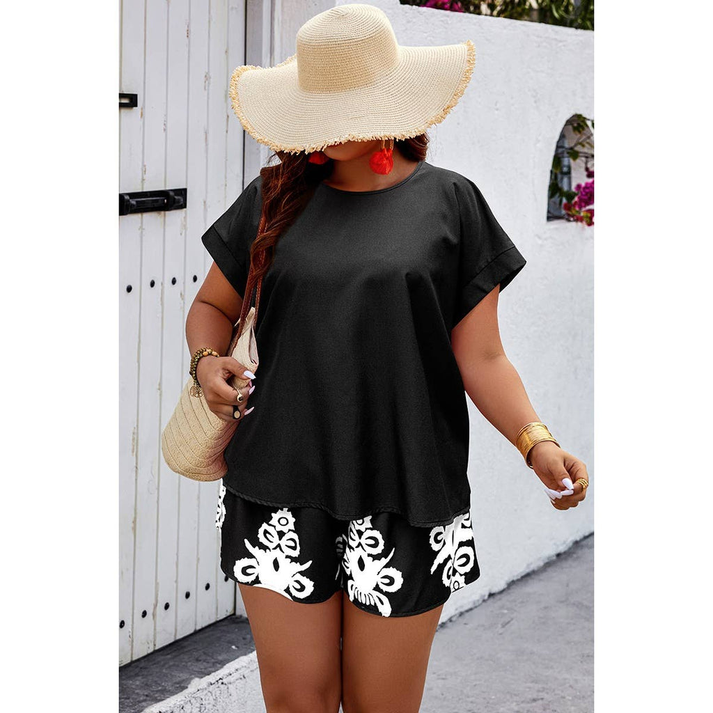 Plus Size Printed Two Pieces Cutout Back Loose Sets