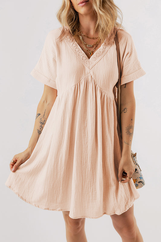 Beige Folded Short Sleeve Lace V-neck Mini Dress