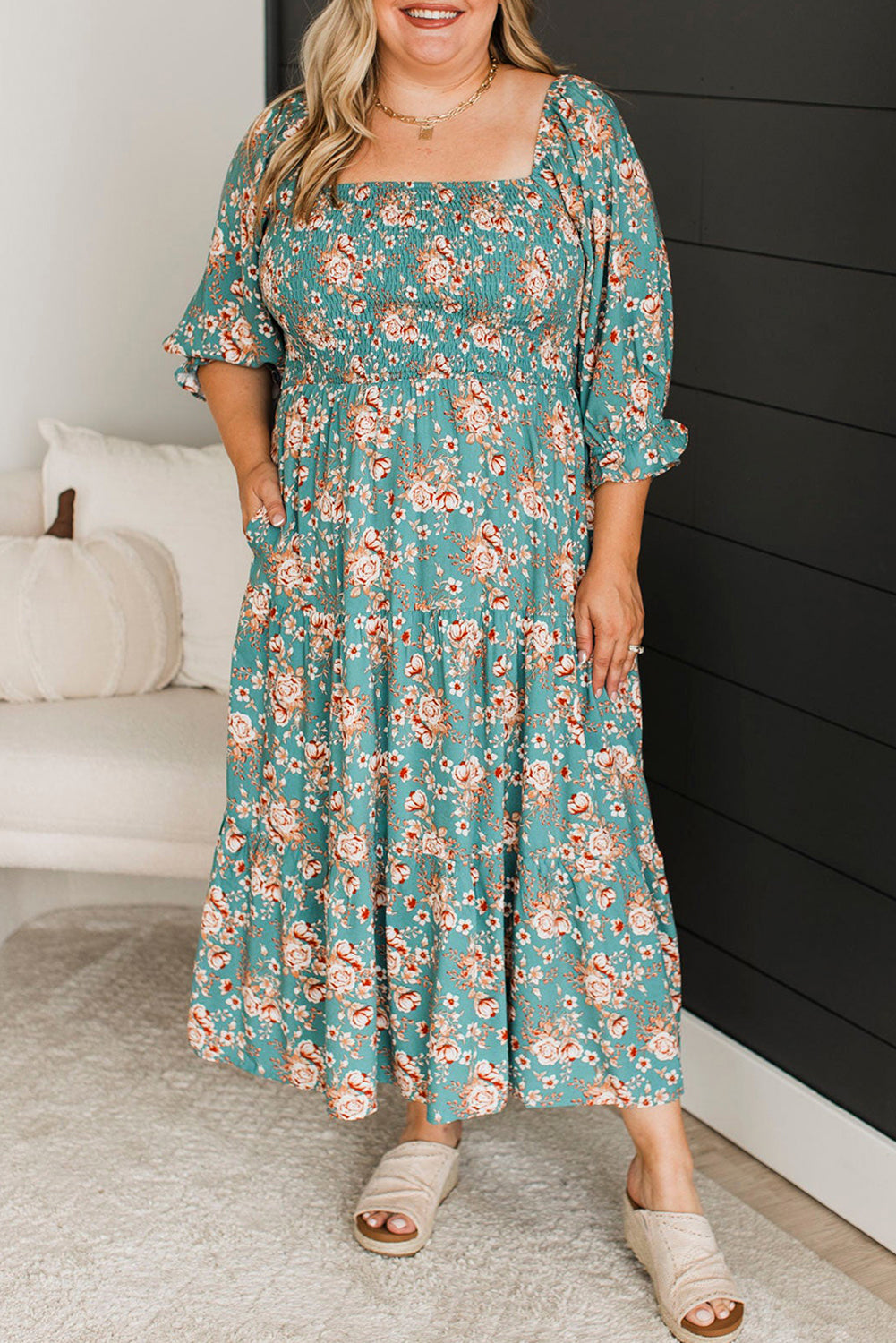 Green Floral Smocked Maxi Dress - Plus Size