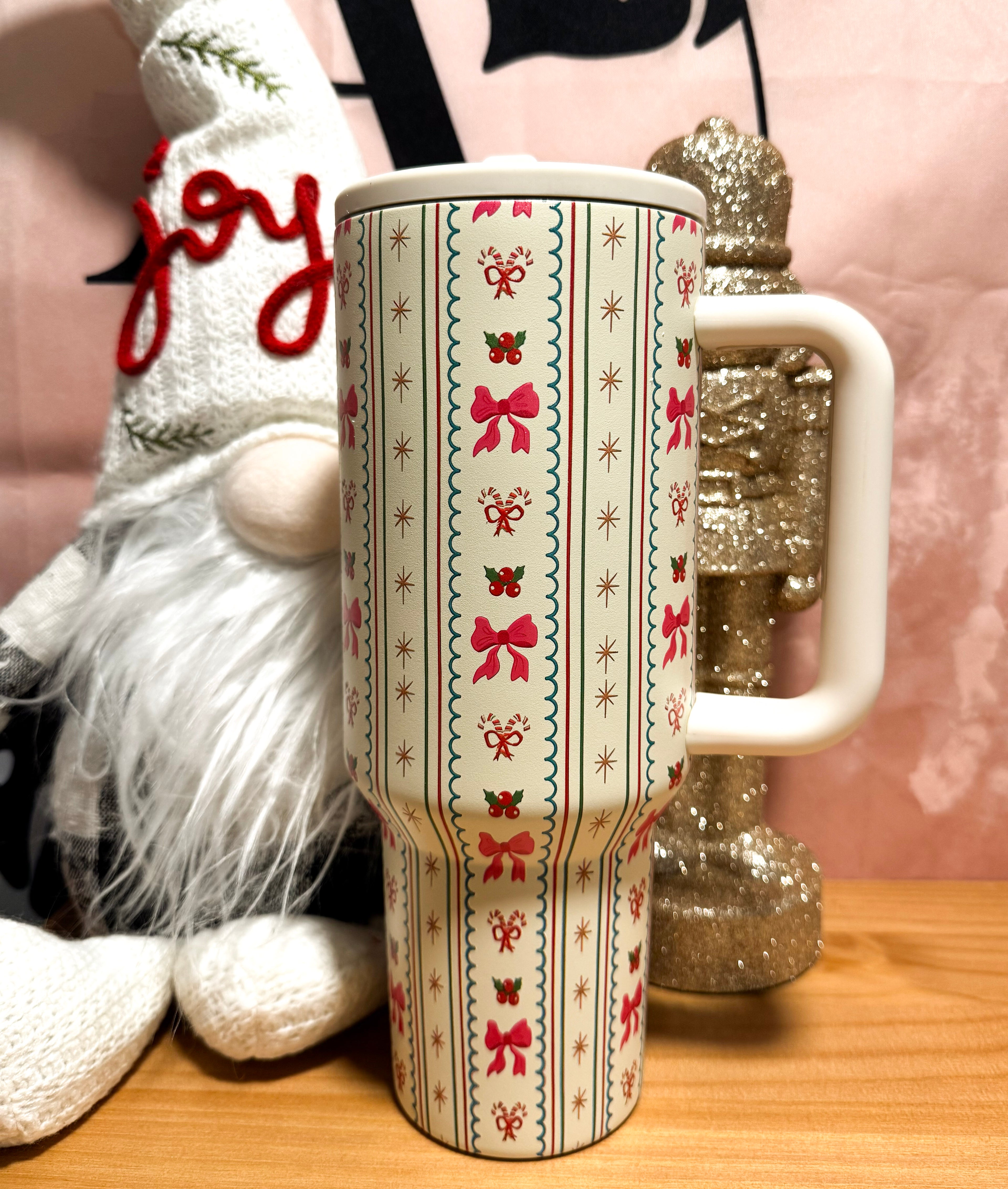 White Holly Jolly Bow Striped Print Flip Straw Tumbler
