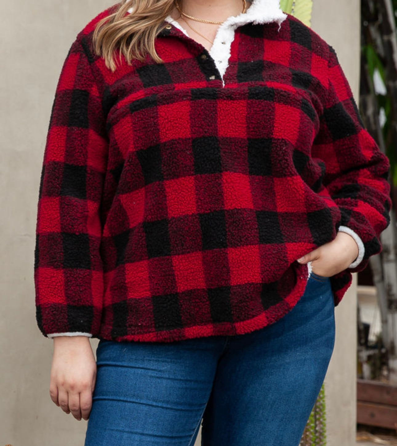 Buffalo Plaid Sherpa Henley Sweatshirt-Plus