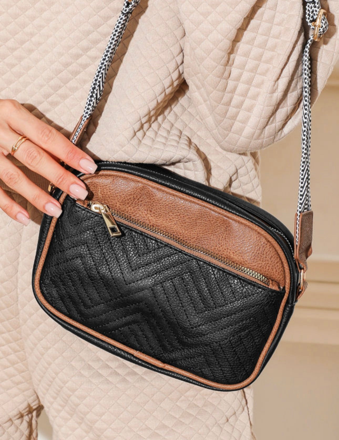 Black Quilted Faux Leather Crossbody Bag