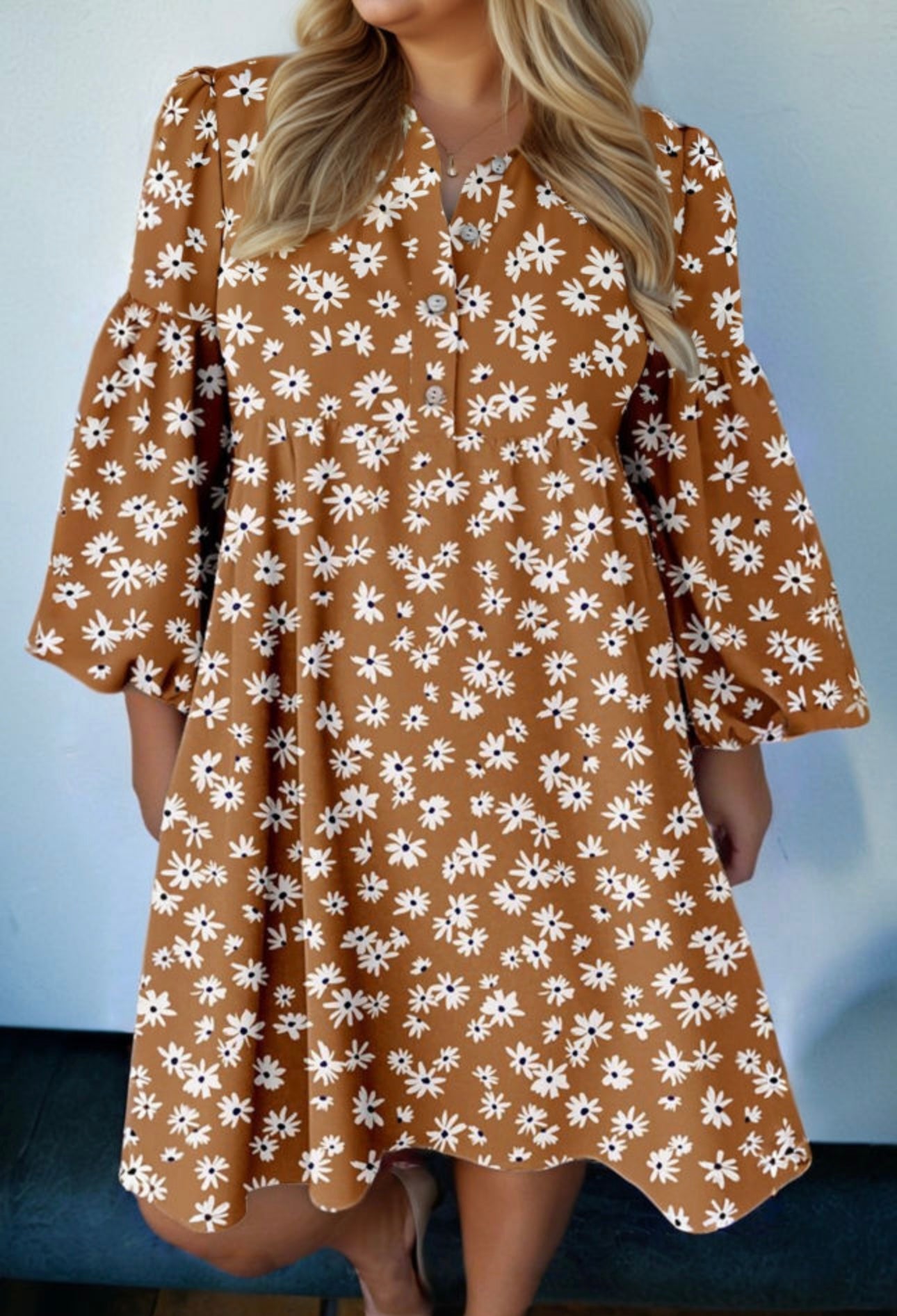 Khaki  Daisy Floral Puff Sleeve Dress