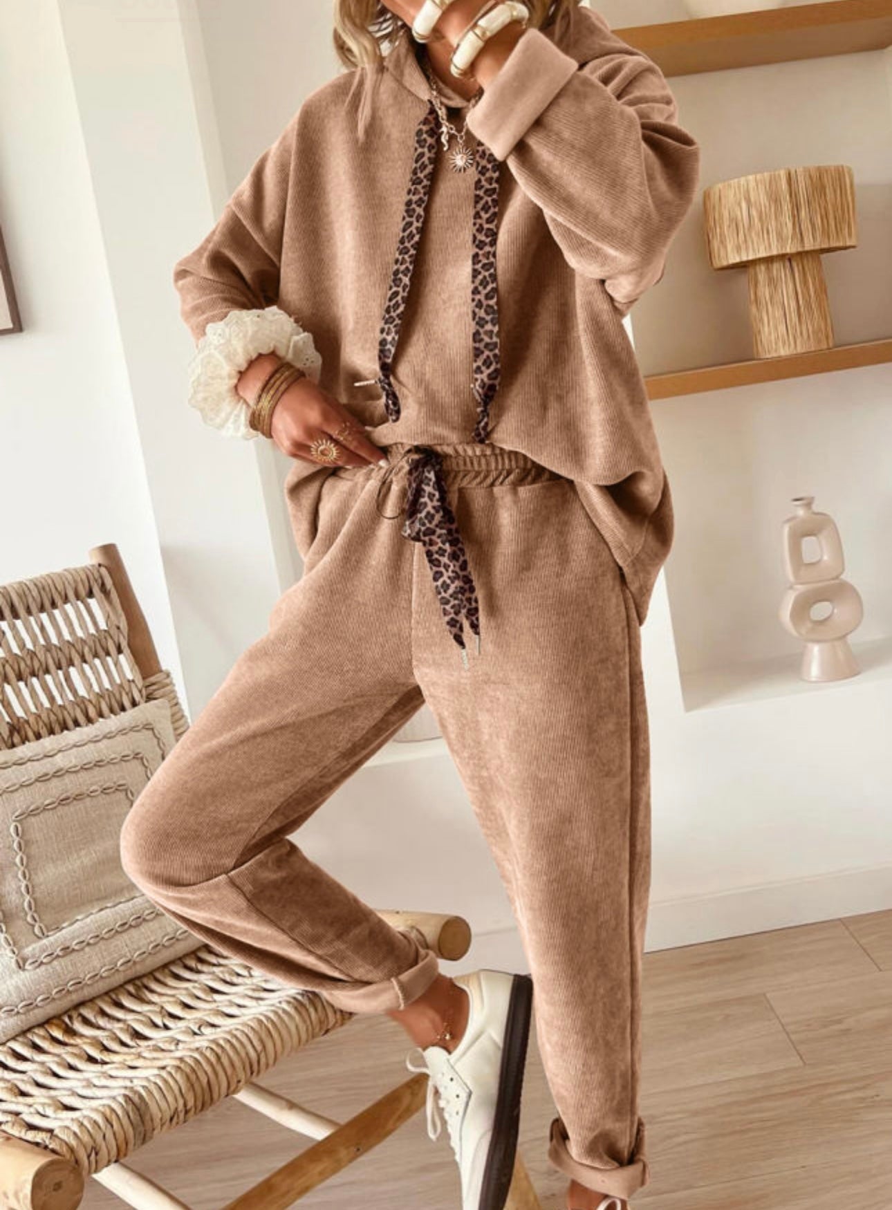 Dark Khaki Leopard Drawstring Pullover Corduroy Suit