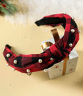 Red Dahlia Pearl Decor Christmas Plaid Knotted Headband - FINAL SALE