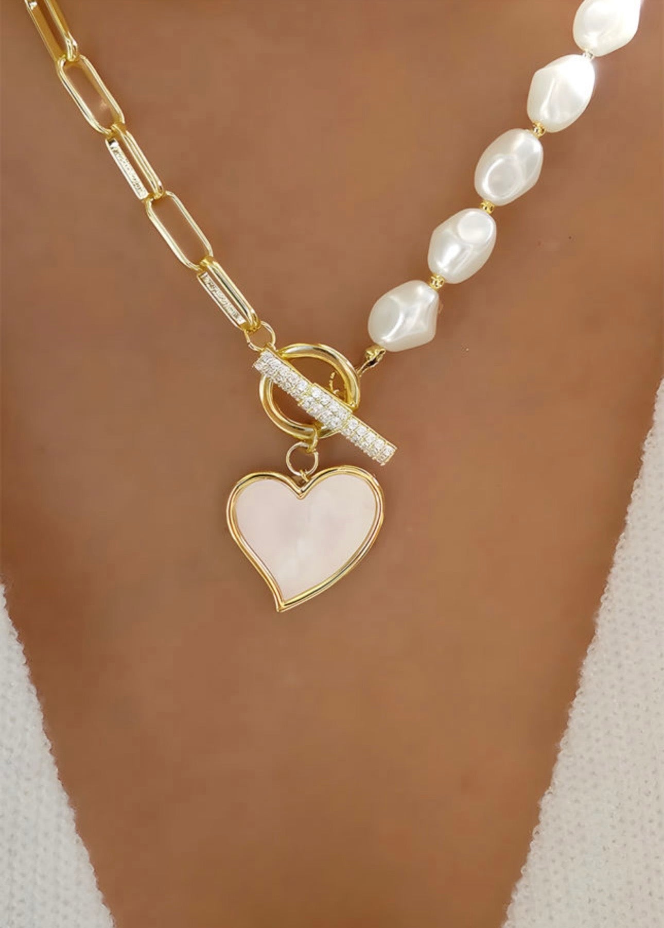Gold Heart Shape Pearl Chain Necklace