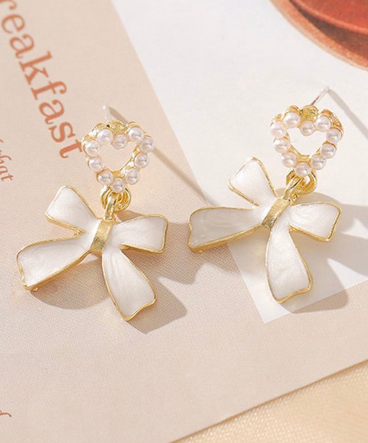 Gold Pearled Heart Shape Bow Knot Dangle Earrings