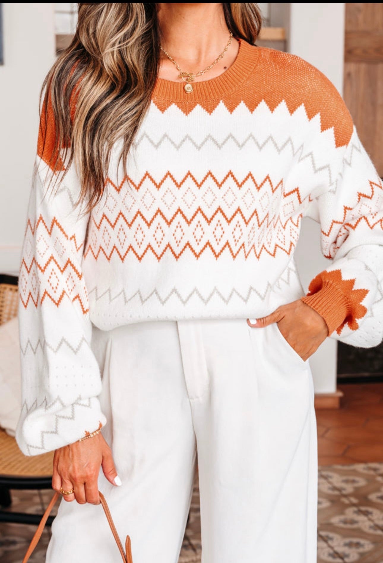 Khaki Zigzag Geometric Pattern Knitted Pullover Sweater