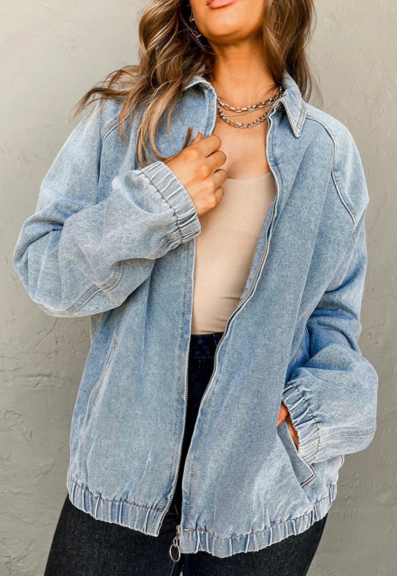 Myosotis Elastic Edge Collared Zip Up Denim Jacket With Pocket