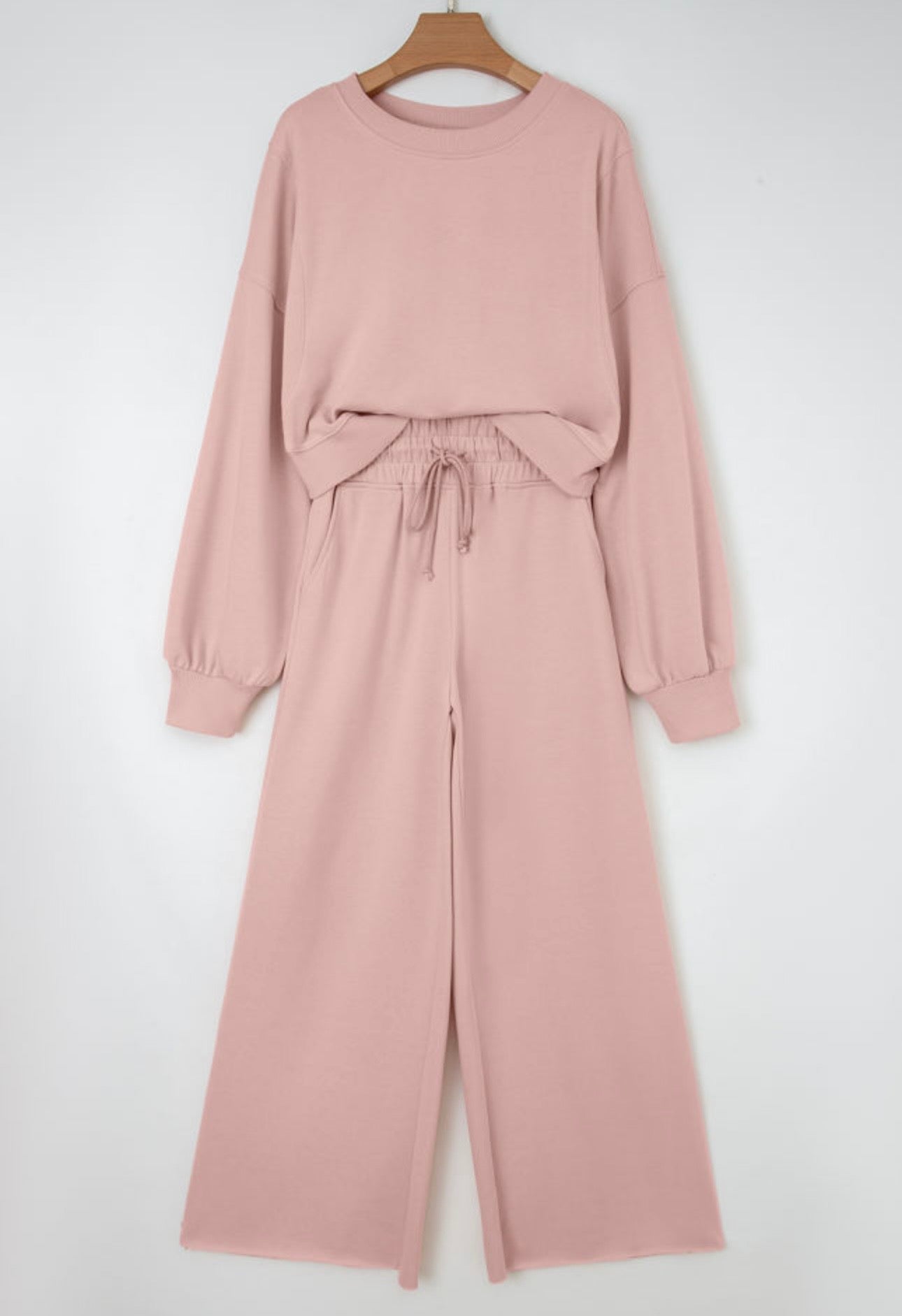 Light Pink Drop Shoulder Puff Sleeve Crop Pullover Drawstring Wide Leg Pants Set