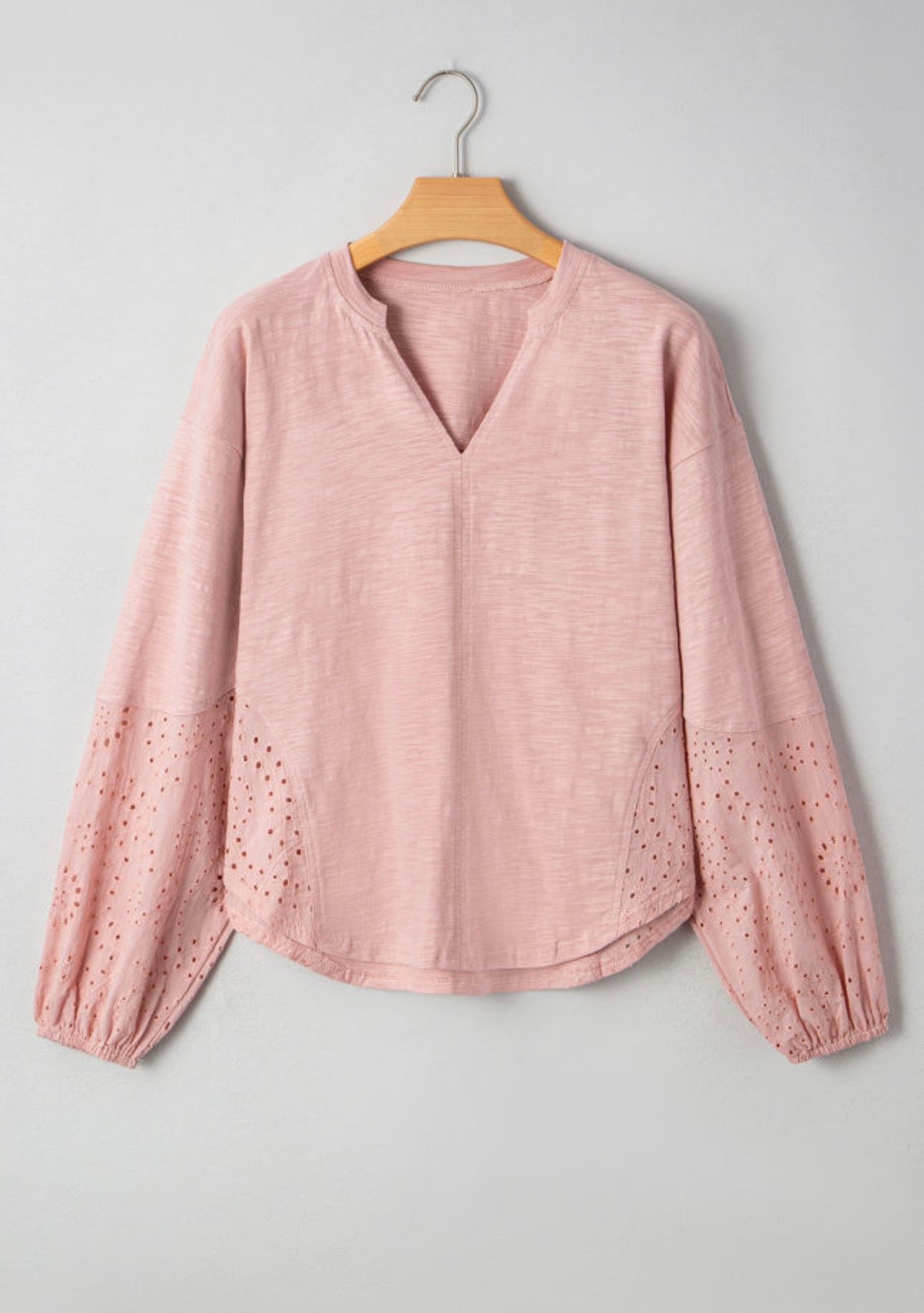Light Pink Keyhole Notch V Neck Batwing Sleeve Blouse