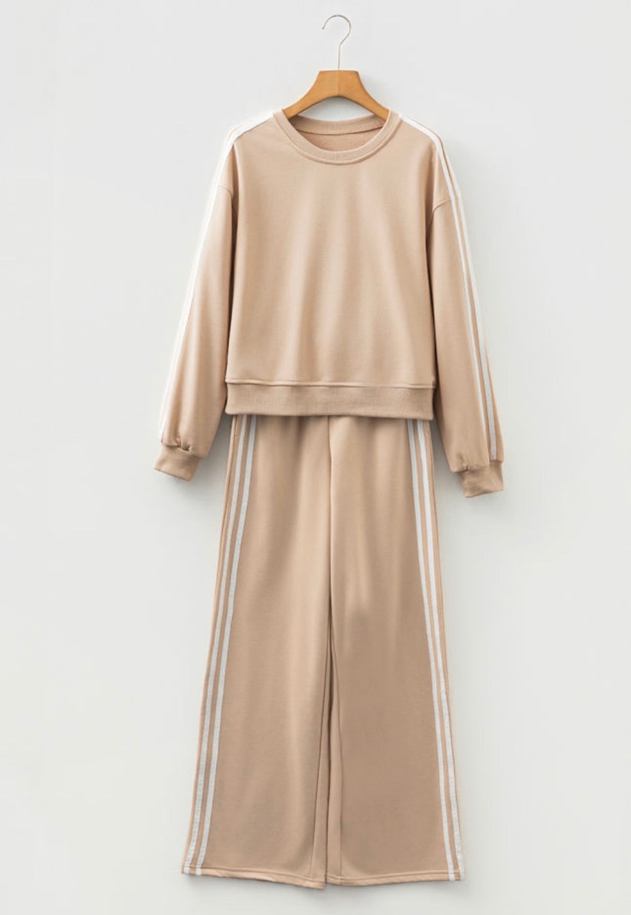 Oatmeal Varsity Striped Detail Crewneck Pullover Elastic Sweatpants 2pcs Outfit