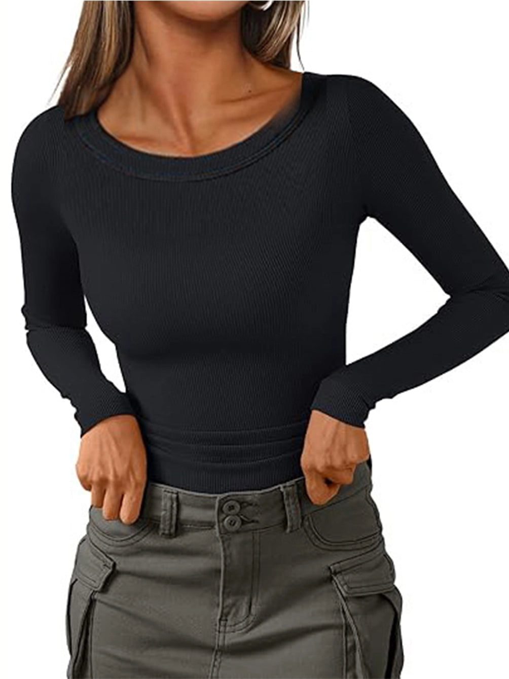 Black Solid Color Round Neck Top