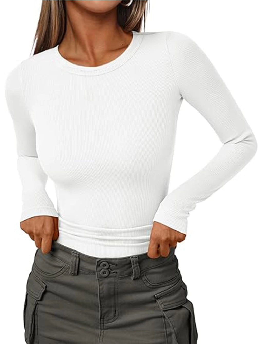 White Solid Color Round Neck Top