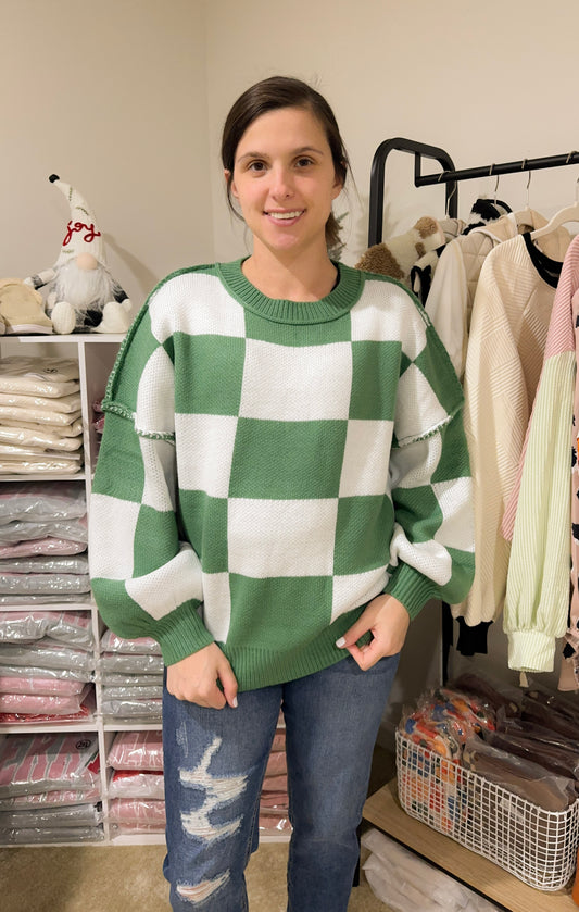 Green Checkered Bishop Sleeve Sweater