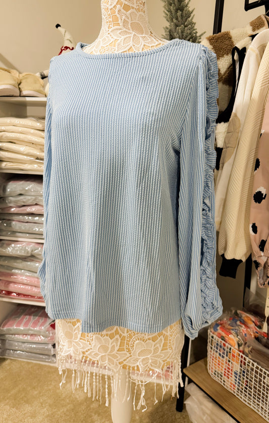 Mist Blue Frilly Puff Sleeved Blouse