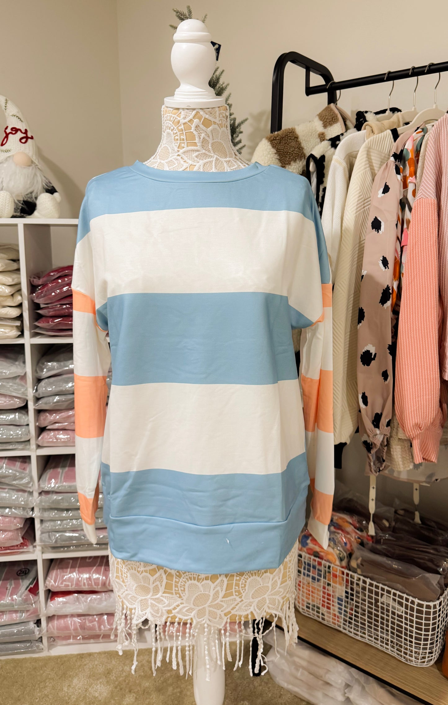 Light Blue Colorblock Striped Drop Shoulder Top